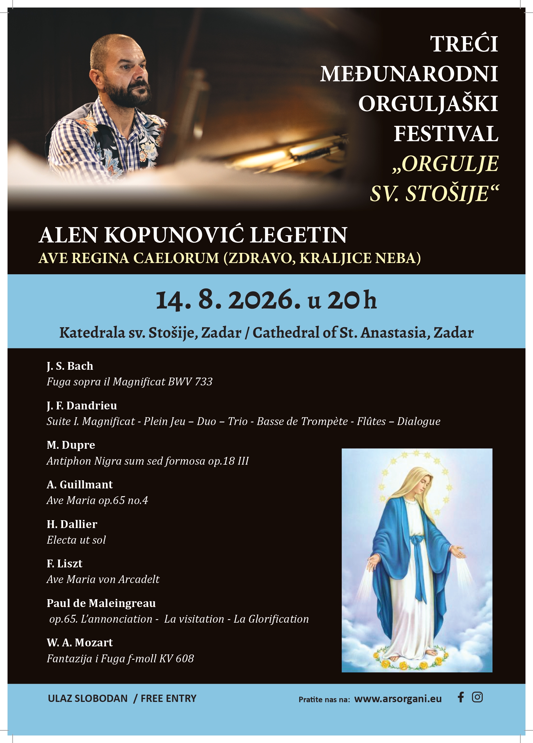 AVE REGINA CAELORUM – ORGULJAŠKI KONCERT ALENA KOPUNOVIĆA LEGETINA U ČAST MARIJI  14. 8. 2026.