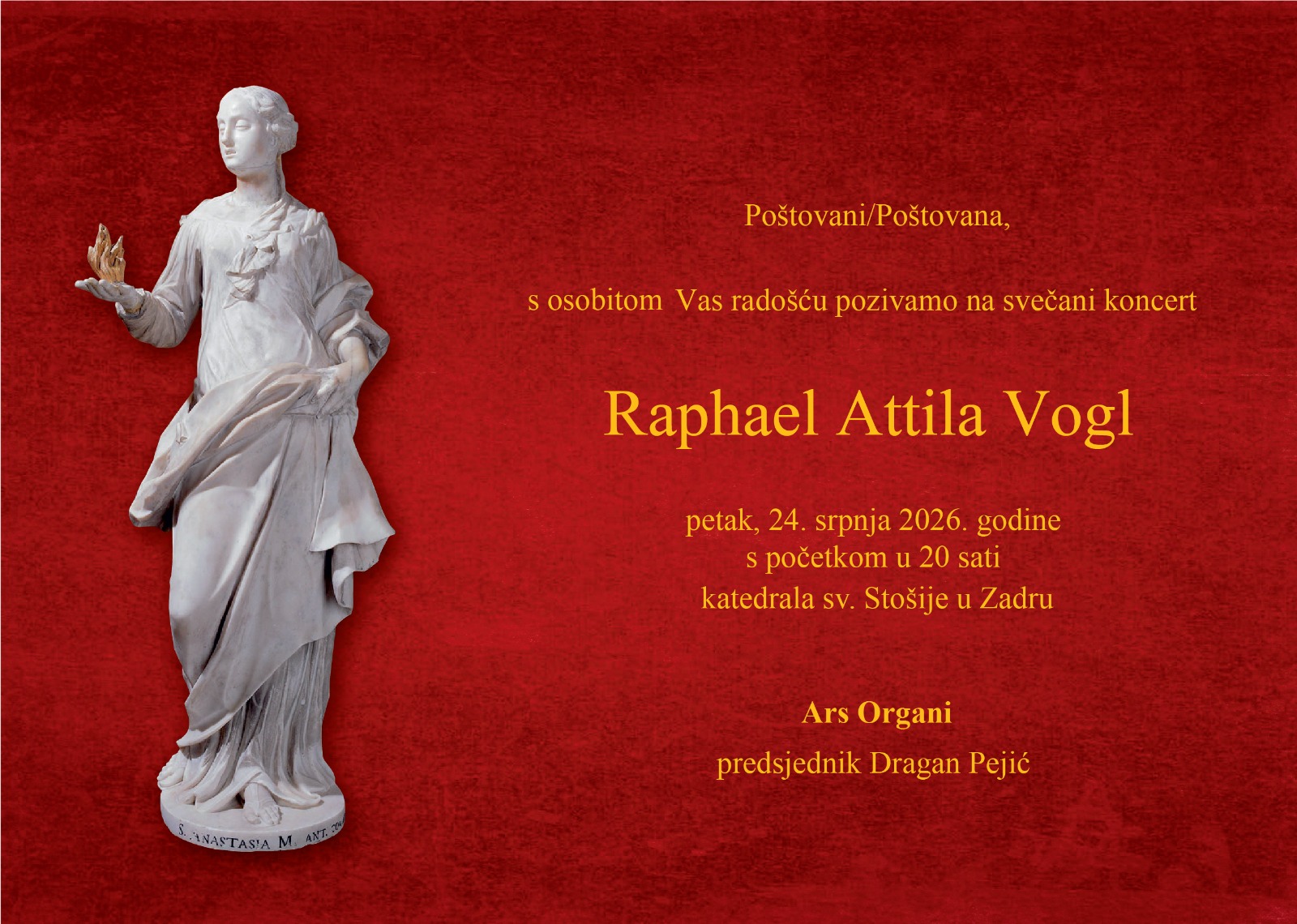 RAPHAEL ATTILA VOGL- vrhunska večer orguljaške umjetnosti u katedrali sv. Stošije 24. 7. 2026. Image