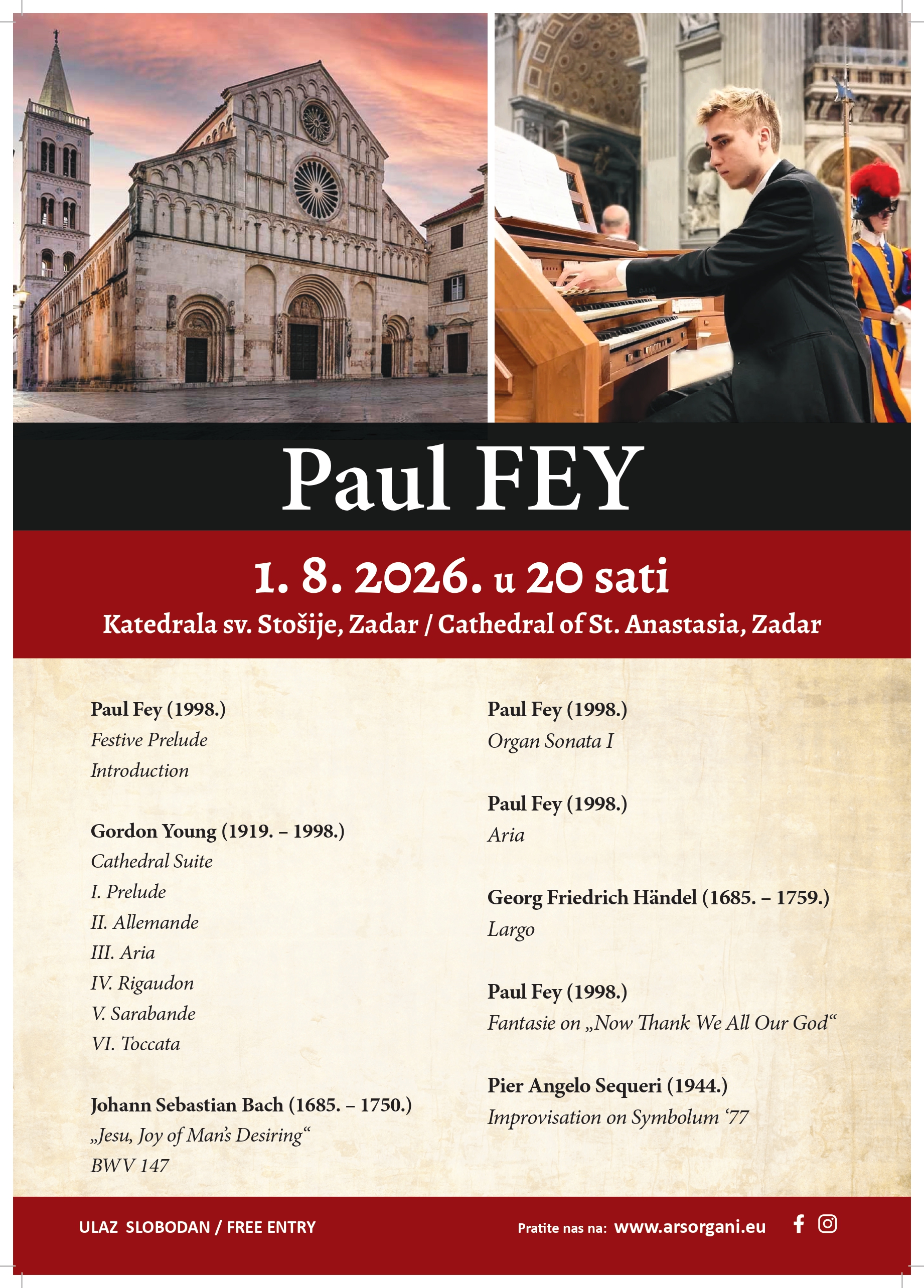 PAUL FEY - ljepota orguljske glazbe u katedrali sv. Stošije 1. 8. 2026. Image
